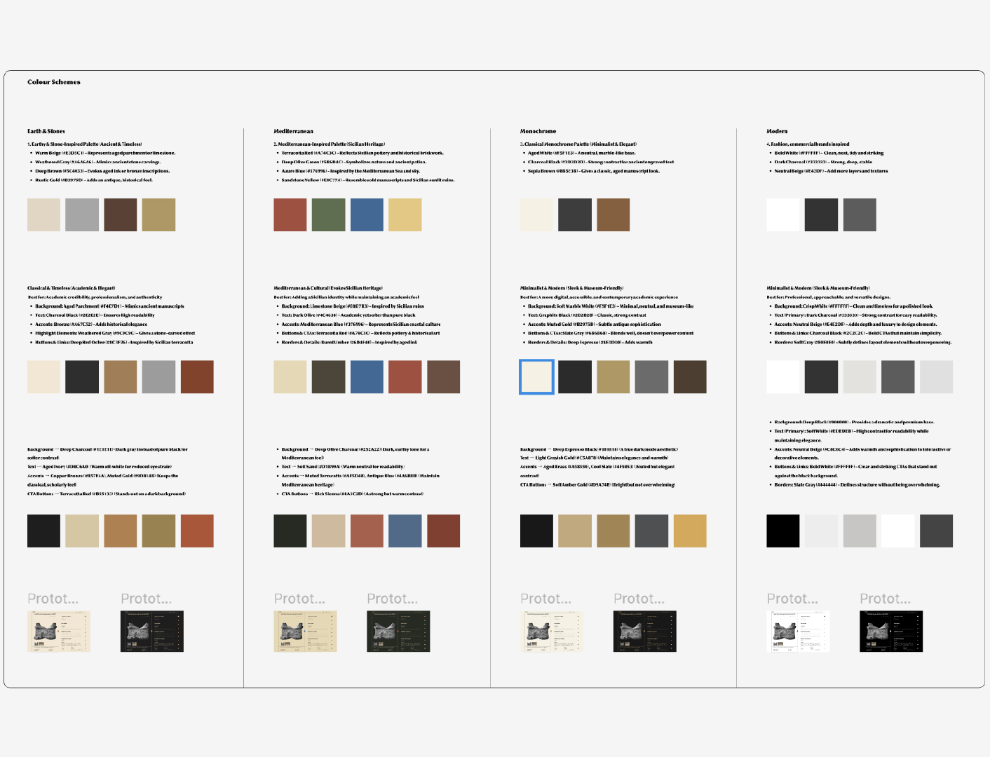 Colour Palletes Design system colour palette options including earth tones, Mediterranean, monochrome, and modern schemes with accessibility considerations.