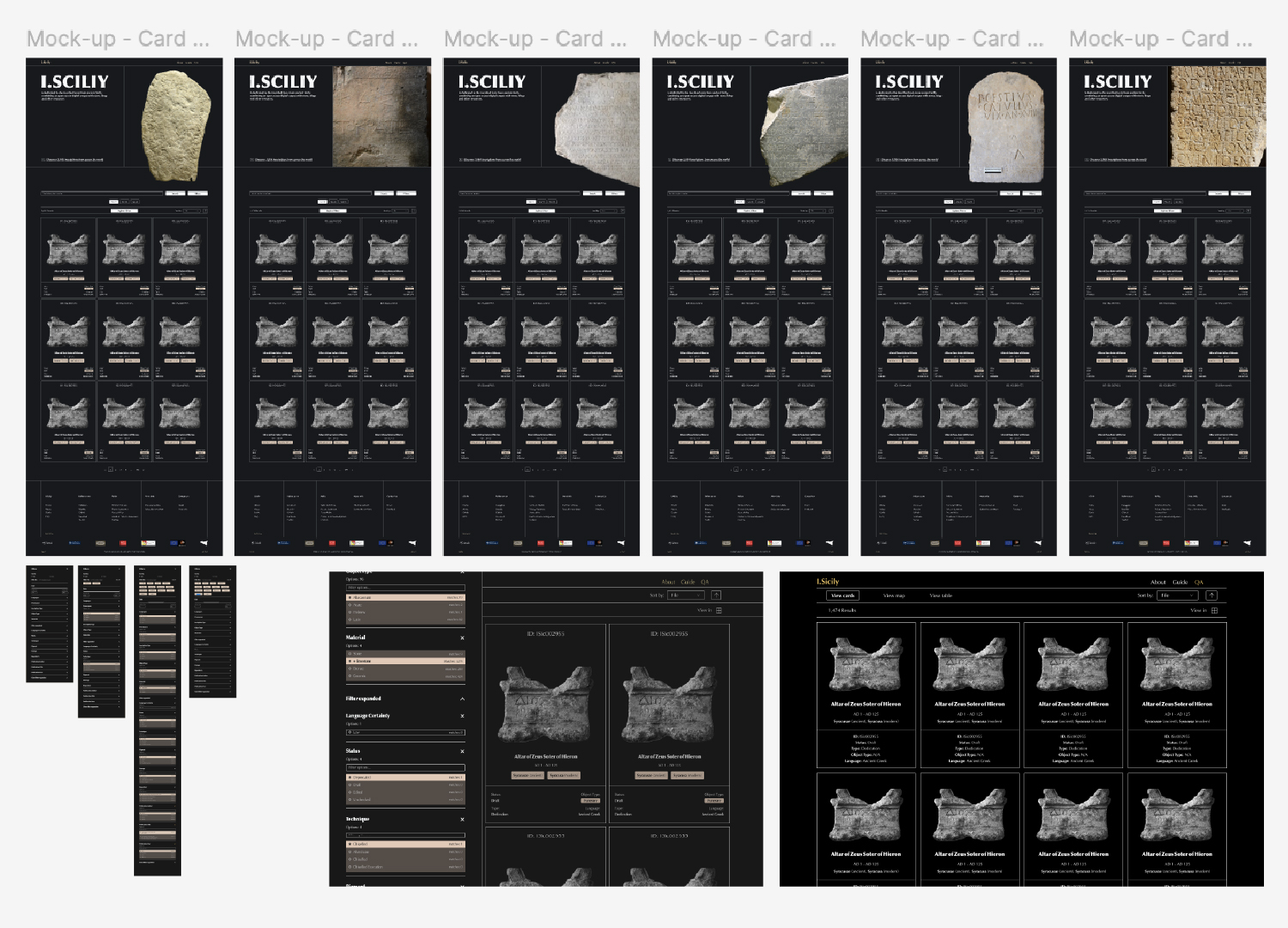 Landing Pages & Filtering Features Mockups of homepage and search results with card-based inscription listings, filters, and sorting options across multiple layout variations